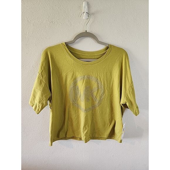 Michael Kors Women's Blouse M Green Goldtone MK Logo Cropped Shirt Top Tee NWT - Picture 1 of 5